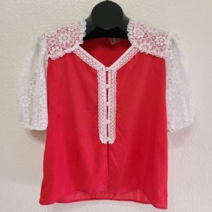 Vintage 70s Southern Country Red Lacy Top